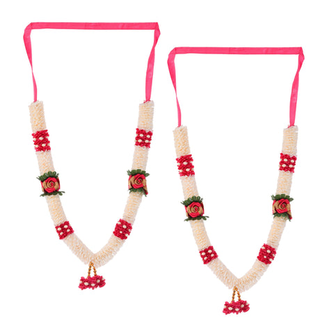 Two pink ribbon-tied 12-inch idol malas with cream base, red gold embellishments