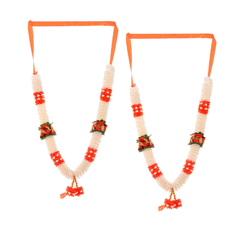 Orange white floral garlands with red rose accents 2PC 12 inch idol mala
