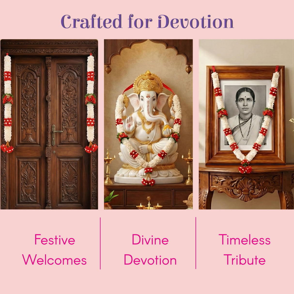 White marble Ganesh statue with gold accents, red-white garlands