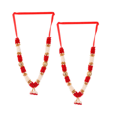 Red white floral idol mala garlands with gold accents, 12 inch satin jaimala