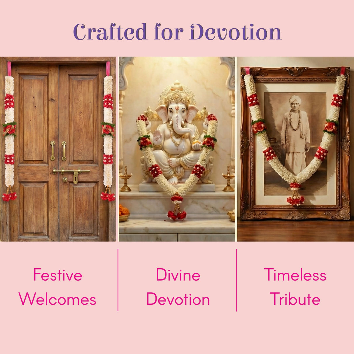 White marble Ganesha statue with gold details and floral garland