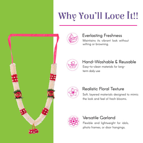 Delicate pink cream 2PC idol mala garland with rose accents for pooja decor