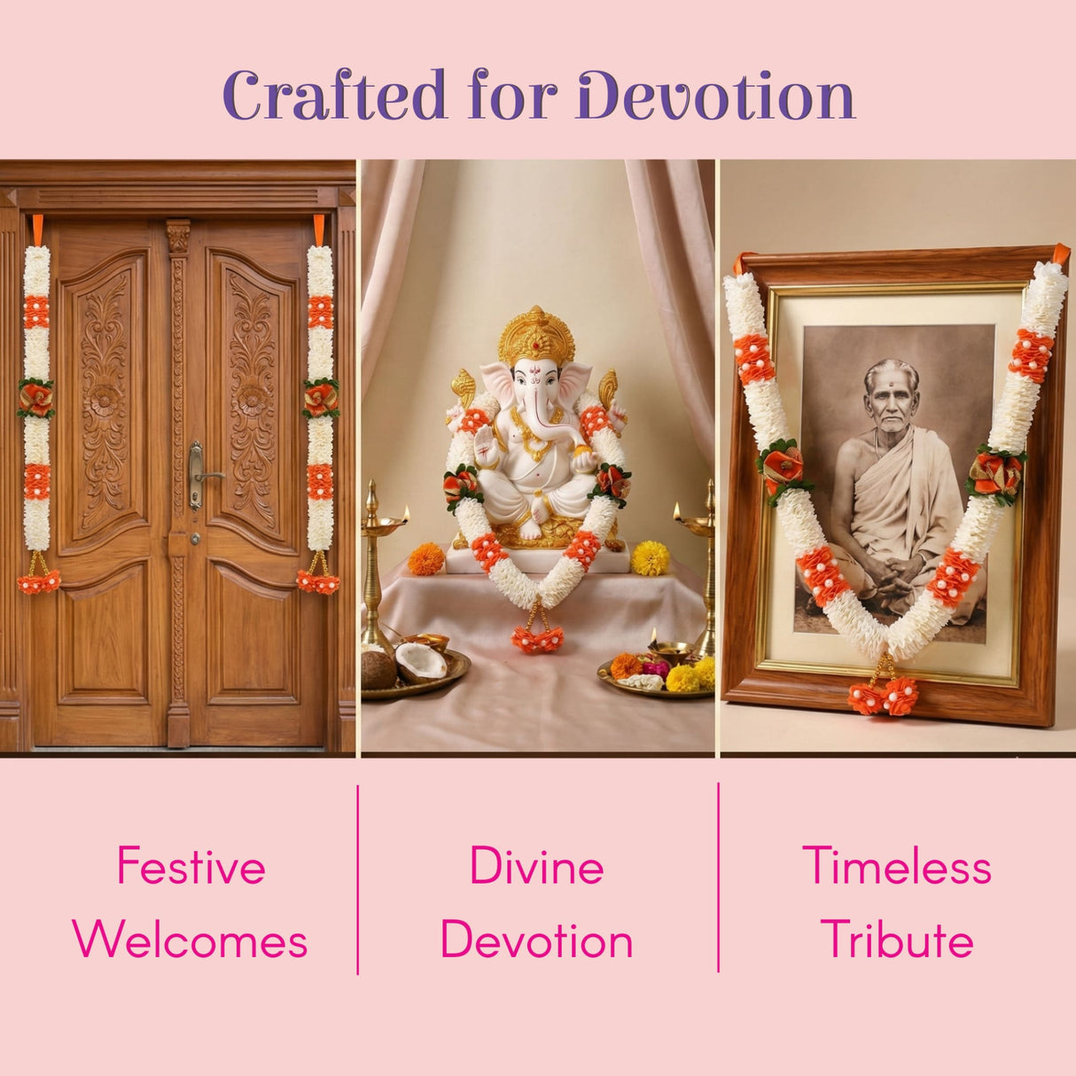 White orange 2PC idol mala garland on wooden door, portrait, deity statue