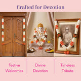 White orange 2PC idol mala garland on wooden door, portrait, deity statue