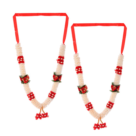 Red white floral idol mala garlands with rose accents, 12 inch satin haar