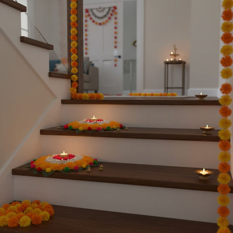 White wooden staircase with orange marigold garland Diwali decor