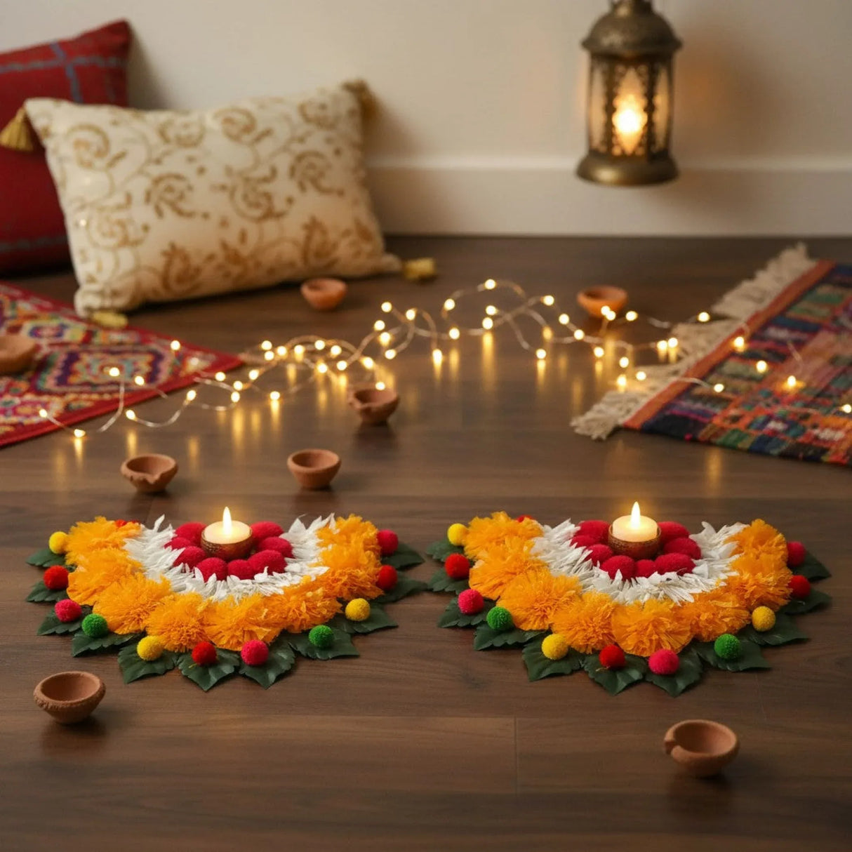 2 Ct Rangoli Mat Diwali Decor Semi Circle Tea Light Holders Artificial Leaf Marigold Flowers Decorative Home Pooja Temple Decor Housewarming Return Gift Day of the Dead Dia De Los Muertos - LoveNspire