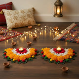 2 Ct Rangoli Mat Diwali Decor Semi Circle Tea Light Holders Artificial Leaf Marigold Flowers Decorative Home Pooja Temple Decor Housewarming Return Gift Day of the Dead Dia De Los Muertos - LoveNspire