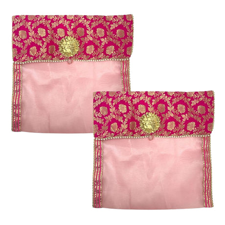 Pink satin saree covers with embroidered floral bands, jeweled edges, gold flowers