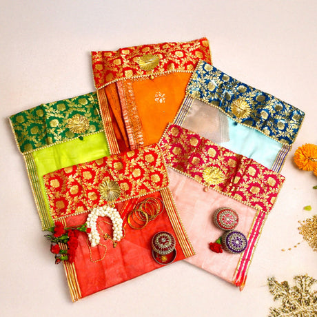 Two pieces saree covers with button closure featuring vibrant embroidered fabric pouches in red green blue and pink