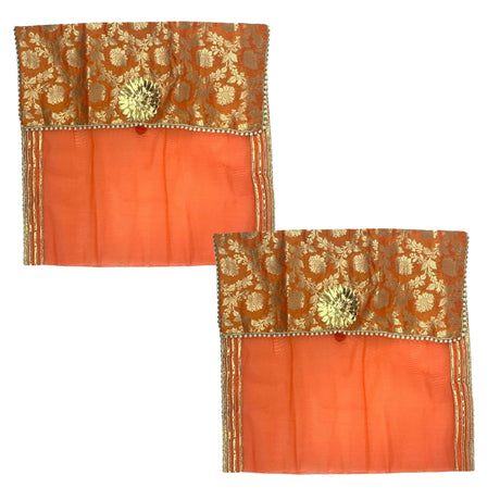 Orangish-orange saree covers with gold borders, floral appliques, button closure