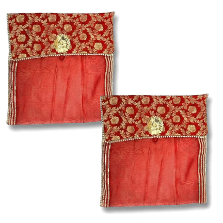Red gold embroidered floral saree covers with button closure, 2-pack wardrobe bags