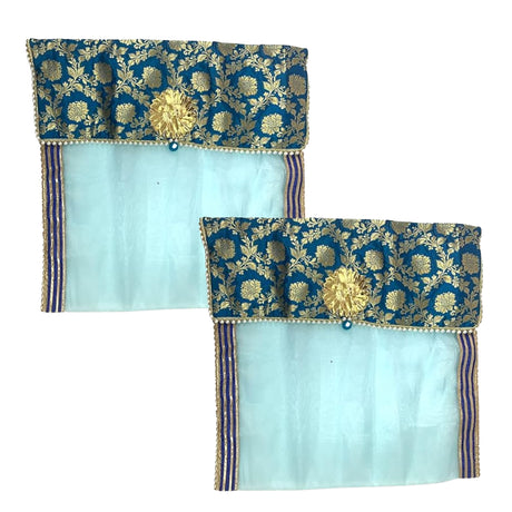 Elegant navy blue gold embroidered saree covers with sheer blue panels