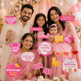 Pink baby naming day 20 pcs photo booth props kit with playful text and cutouts for baby shower selfies