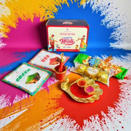 Gold peacock tray with red pink Holi gulal in festive gift box