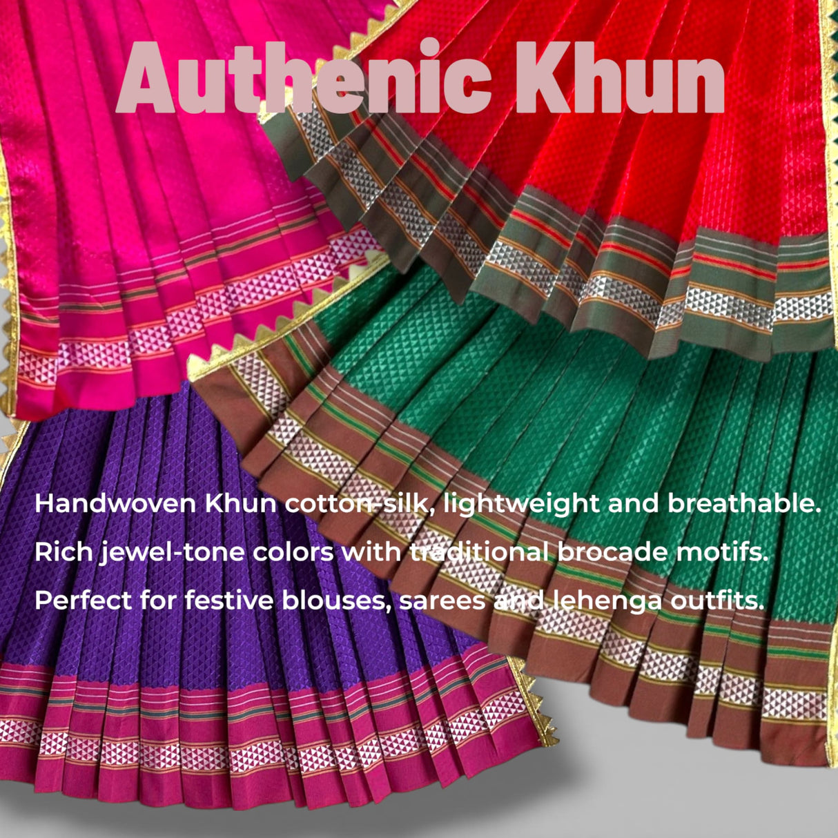 Vibrant handwoven khun cotton-silk Gudi Vastra in jewel tones, brocade motifs