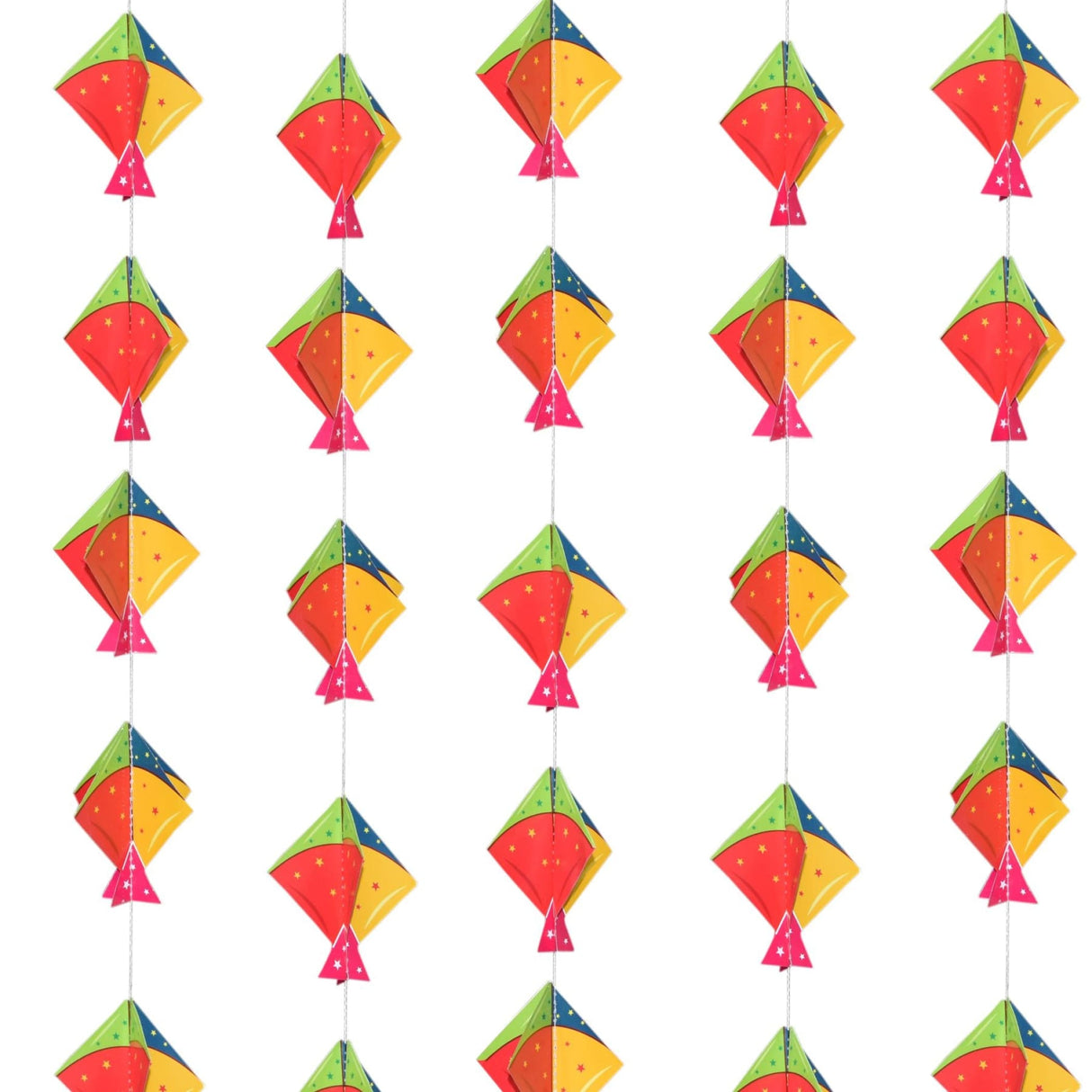 Happy Makar Sankranti mini kites with red bodies, yellow green triangles, stars