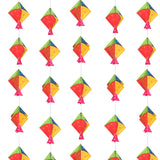 Happy Makar Sankranti mini kites with red bodies, yellow green triangles, stars