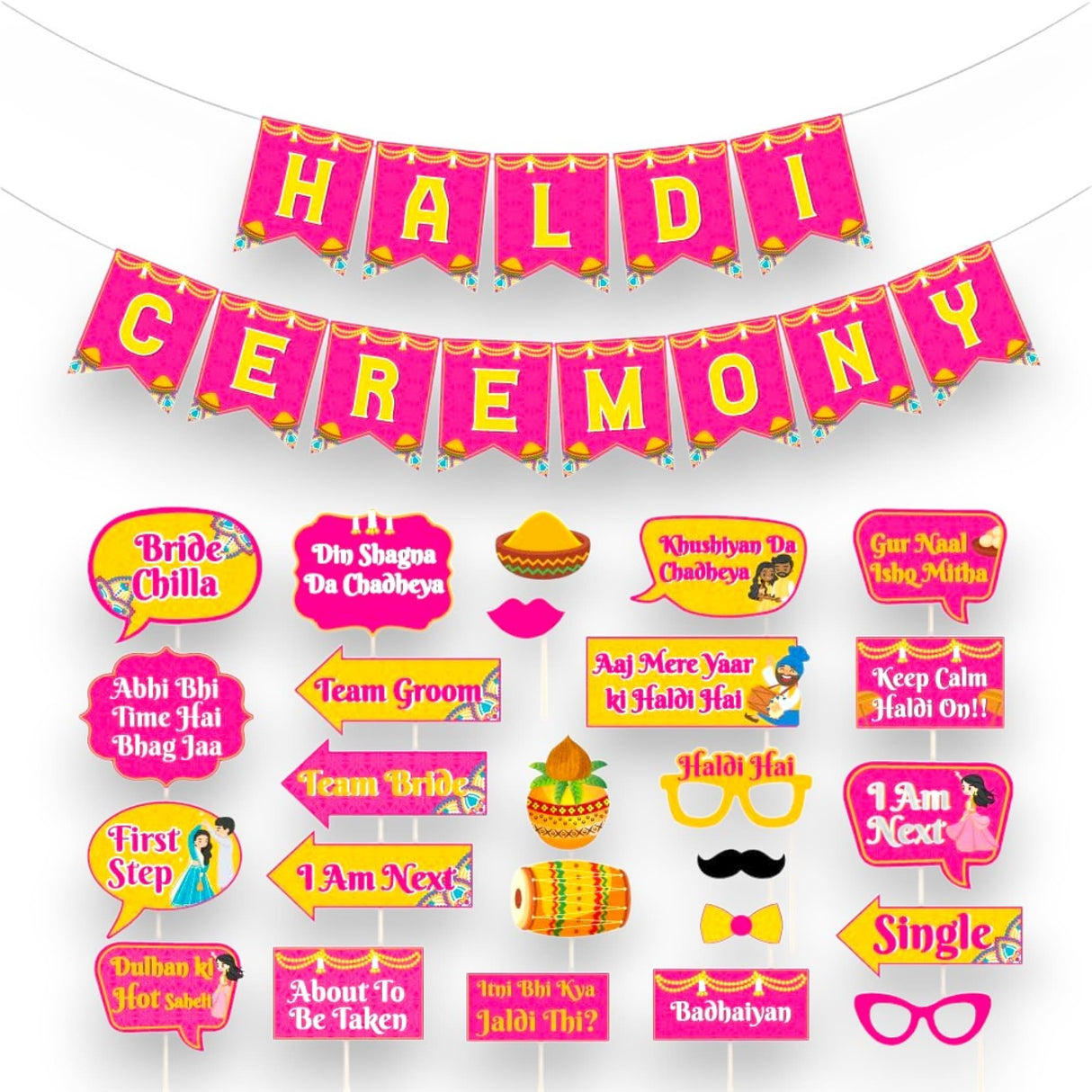 25 pcs haldi photo booth party props & 1 ceremony banner