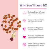 Certified 5-face Rudraksha mala necklace with brown beads, gold connectors, red pendant