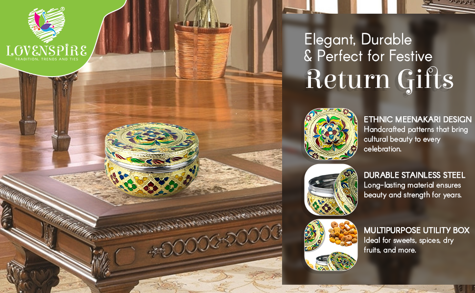 Meenakari Stainless Steel Storage Box with Lid (250gm) Decorative Round Indian Food Container for Sweets, Kitchen Items & Return Gift Favors