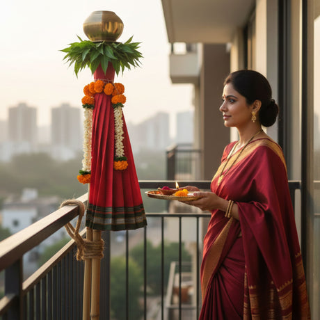 Vibrant red pookalam Gudi Vastra with marigolds for Maharashtrian Gudi Padwa