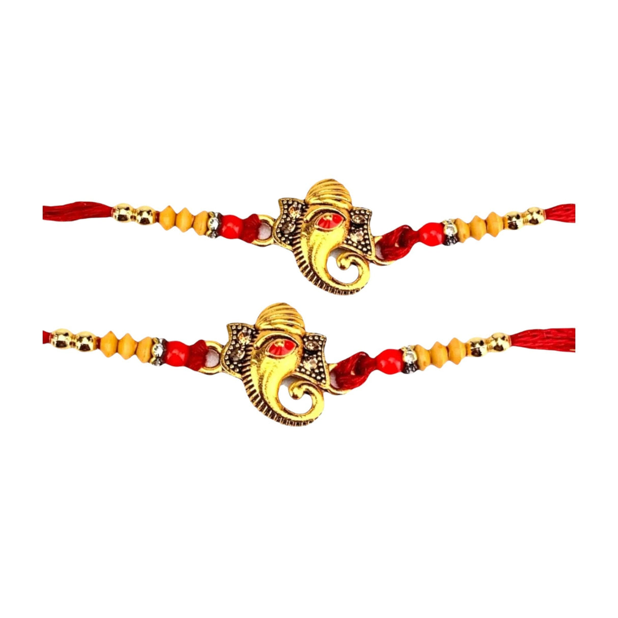 Golden Ganesha Rakhi with red yellow beads, sparkling stones, 2CT designer hamper for Raksha Bandhan