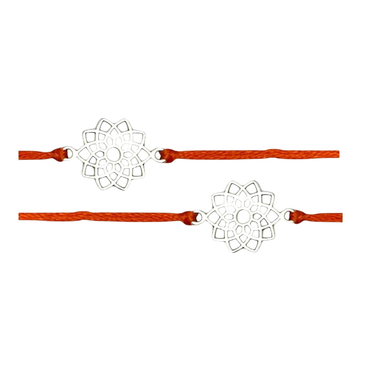 Silver filigree lotus charm on orange cord Rakhi bracelet