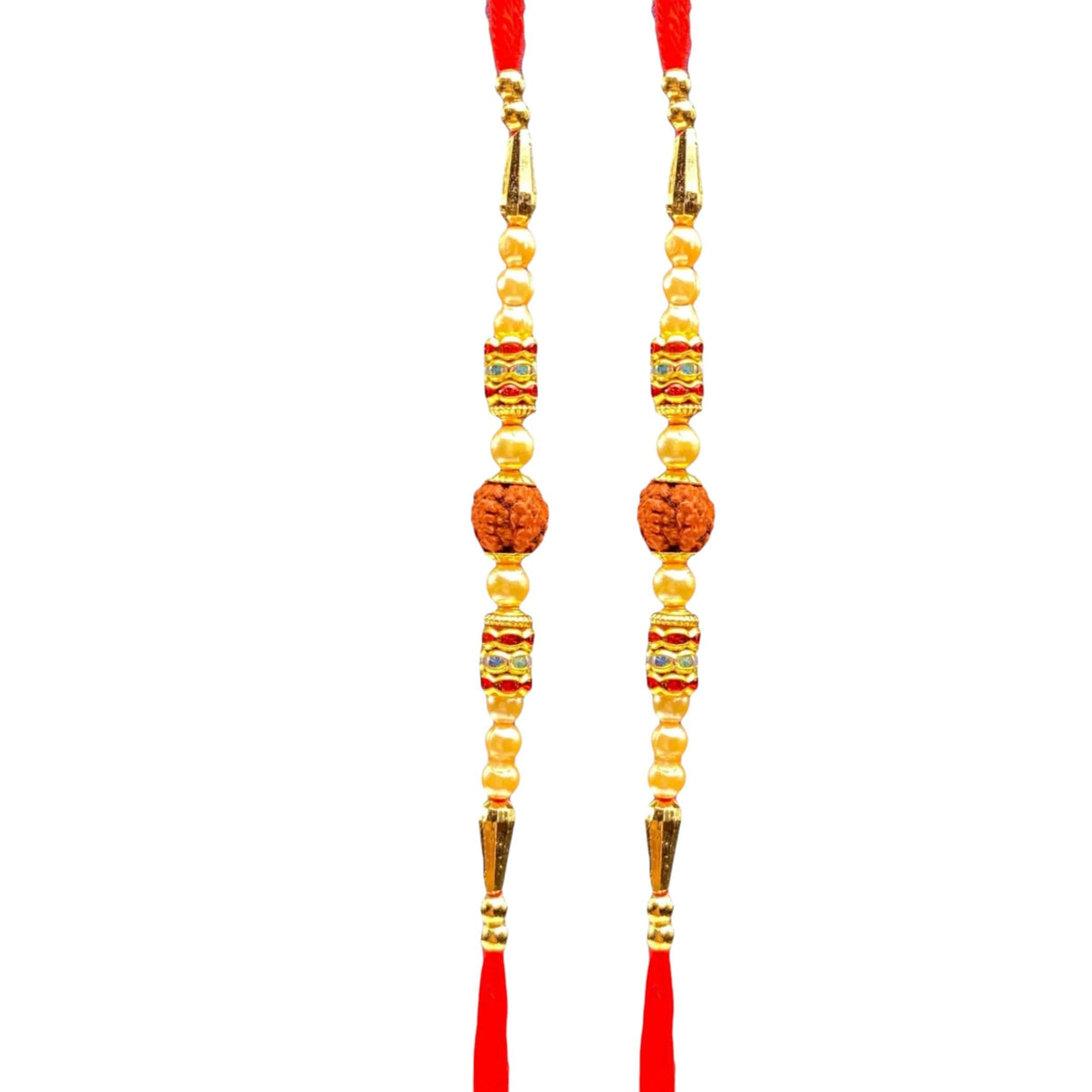 Golden-threaded rudraksha rakhi with red thread and enamel accents