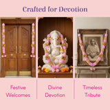 White marble Ganesha statue with pink gold floral garlands, pack of 2 varmalas