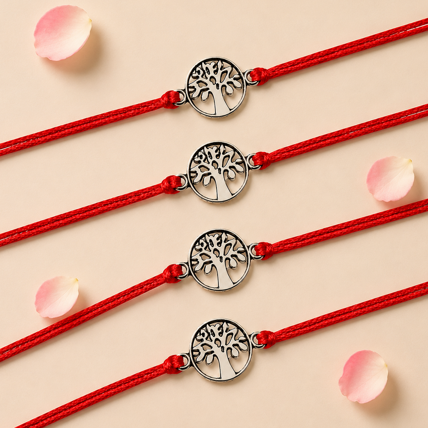 Tree of Life Charm Rakhi for Brother (4 Pcs) - Handcrafted Raksha Bandhan Thread Bracelet Jewelry for Bhai, Sign of Protection & Good Luck