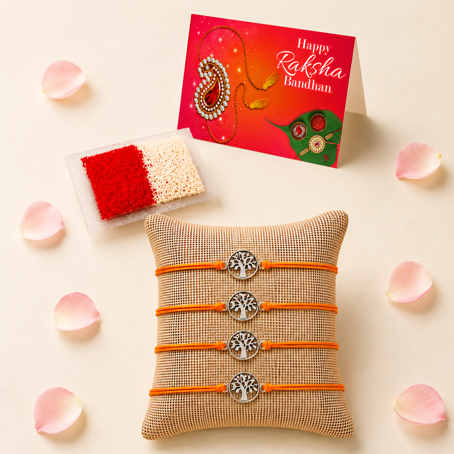 Tree of Life Charm Rakhi for Brother (4 Pcs) - Handcrafted Raksha Bandhan Thread Bracelet Jewelry for Bhai, Sign of Protection & Good Luck