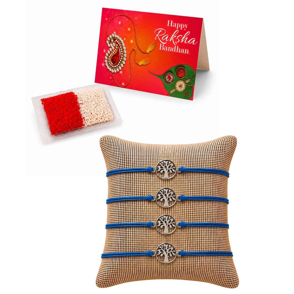 Tree of Life Charm Rakhi for Brother (4 Pcs) - Handcrafted Raksha Bandhan Thread Bracelet Jewelry for Bhai, Sign of Protection & Good Luck