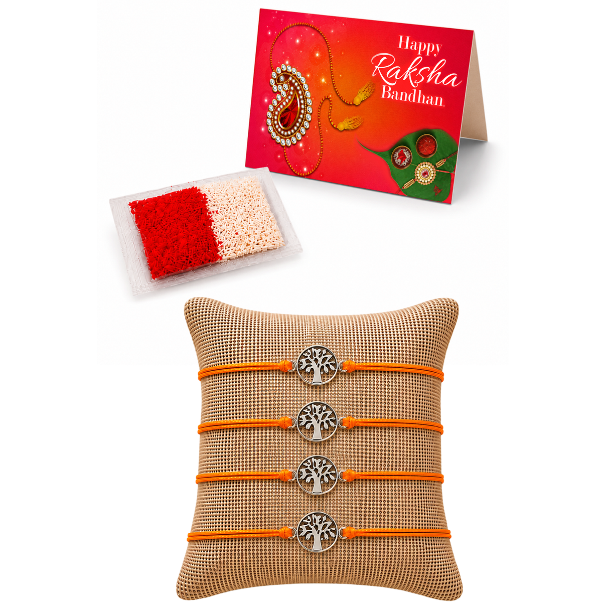 Tree of Life Charm Rakhi for Brother (4 Pcs) - Handcrafted Raksha Bandhan Thread Bracelet Jewelry for Bhai, Sign of Protection & Good Luck