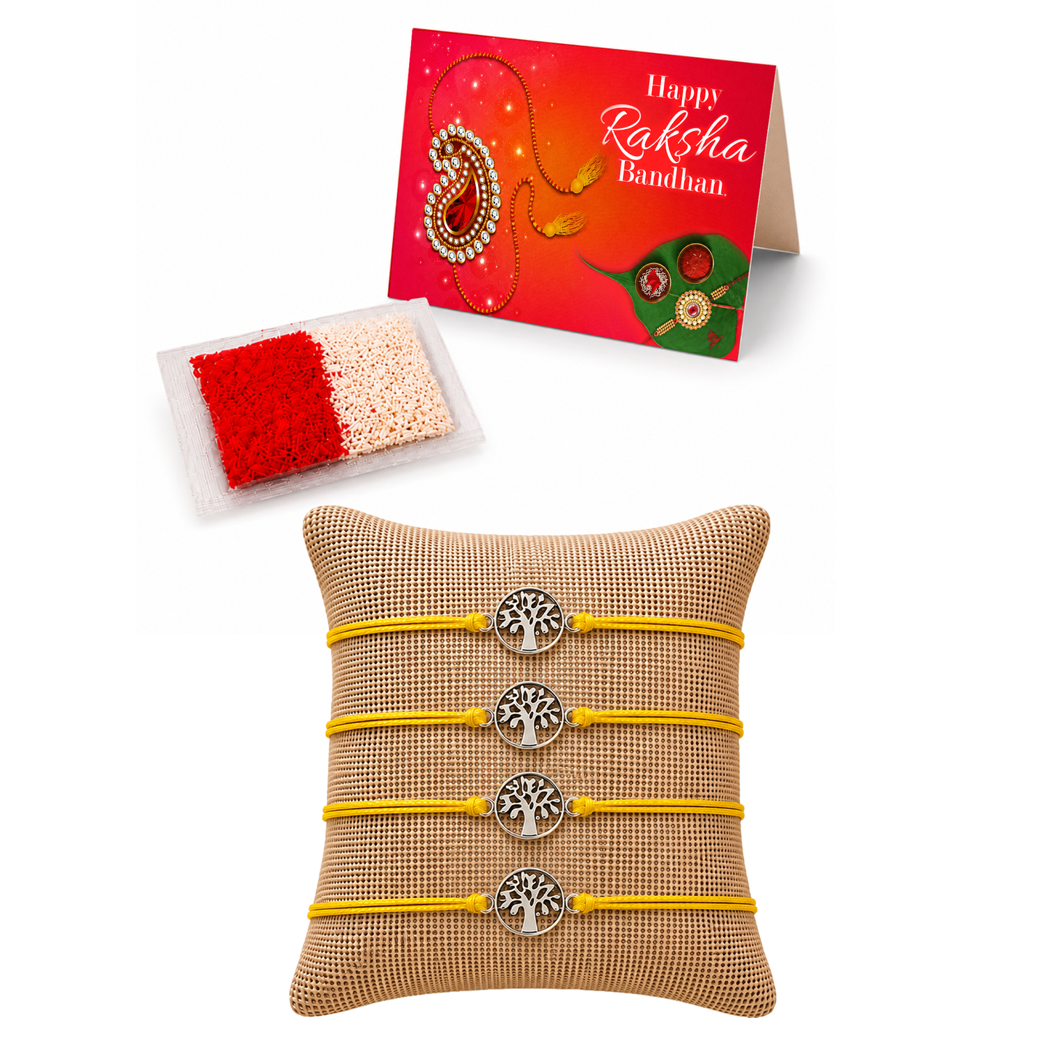 Tree of Life Charm Rakhi for Brother (4 Pcs) - Handcrafted Raksha Bandhan Thread Bracelet Jewelry for Bhai, Sign of Protection & Good Luck