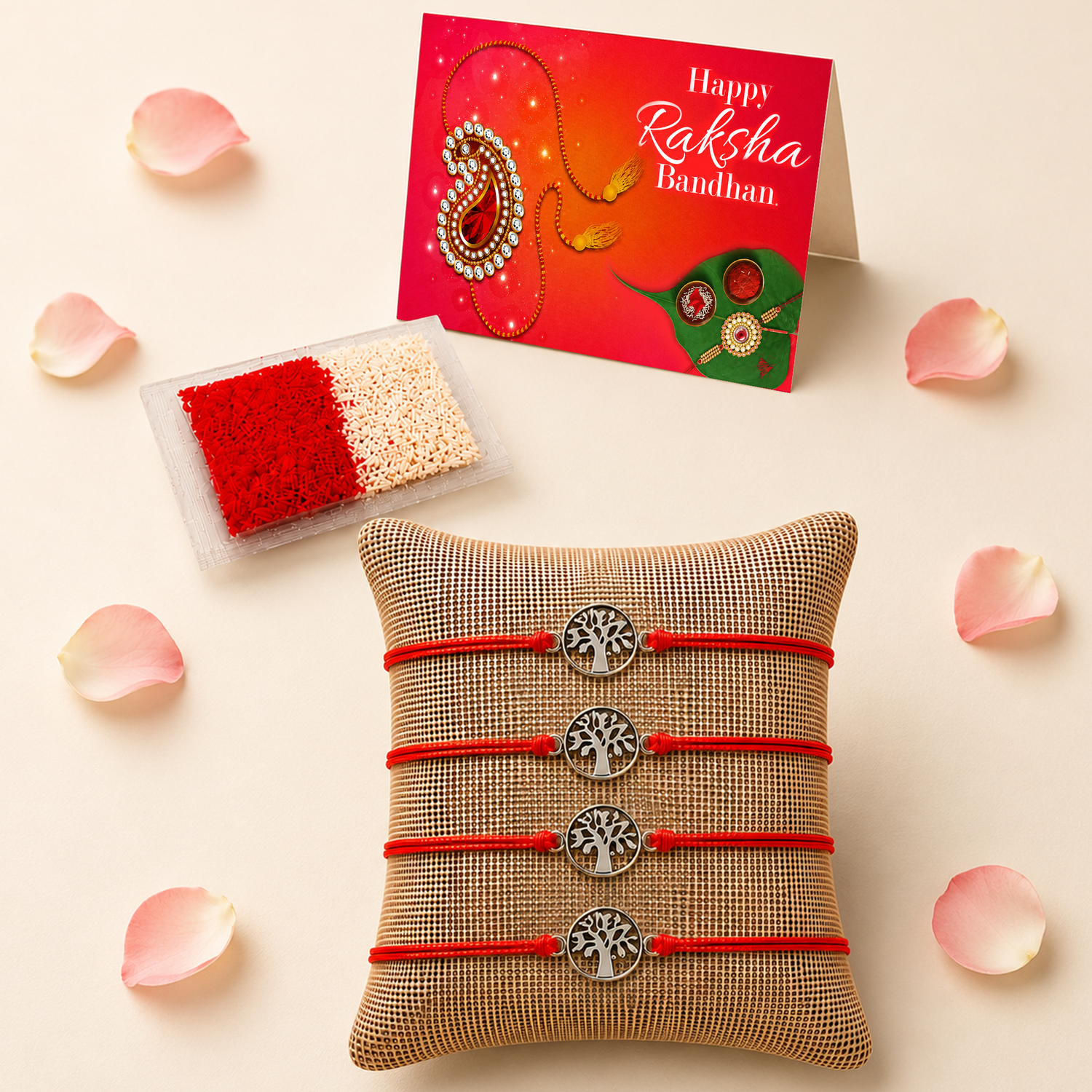 Tree of Life Charm Rakhi for Brother (4 Pcs) - Handcrafted Raksha Bandhan Thread Bracelet Jewelry for Bhai, Sign of Protection & Good Luck