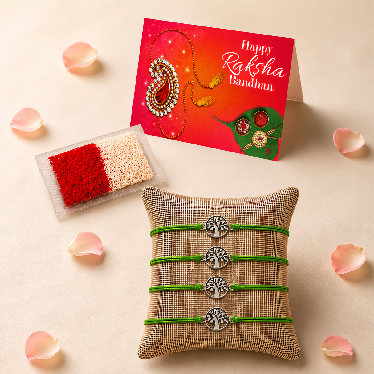 Tree of Life Charm Rakhi for Brother (4 Pcs) - Handcrafted Raksha Bandhan Thread Bracelet Jewelry for Bhai, Sign of Protection & Good Luck