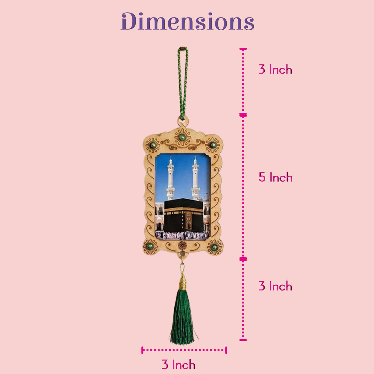 Islamic car hanging ornament with Kaaba photo frame and green tassel
