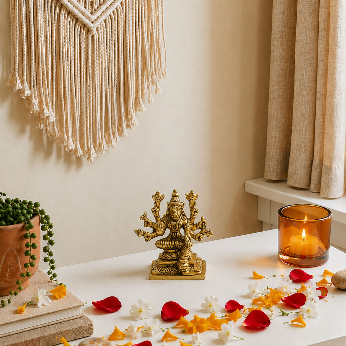 Golden brass statue of multi-armed varahi devi goddess seated on pedestal for pooja room home temple use