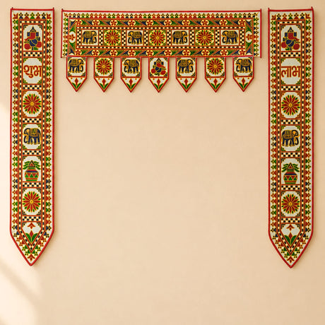 Fabric Ganesha door toran with shubh labh in vibrant red green and gold embroidered with elephant motifs for home decor