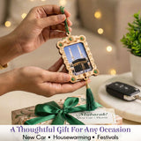 Islamic car hanging ornament with Kaaba photo in wooden frame, green gems, tassel