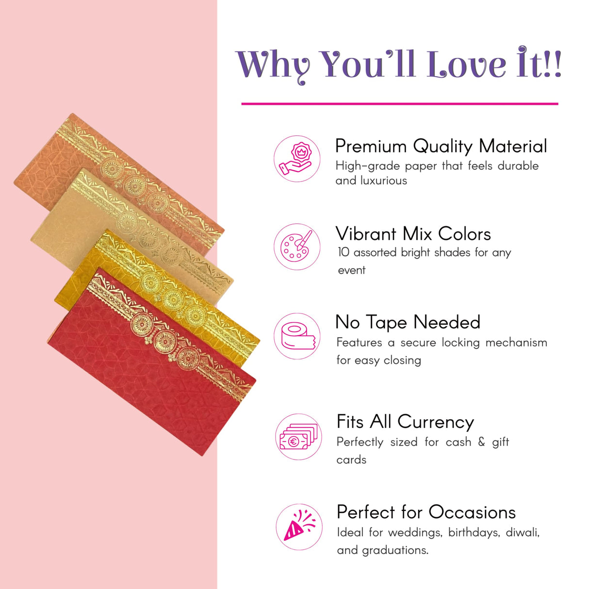 Vibrant assorted 3-wheel shagun money envelopes with gold borders