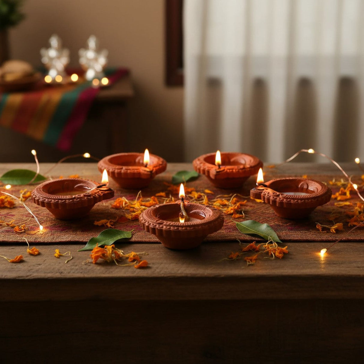 Traditional handmade terracotta diya set with lit wicks on wood