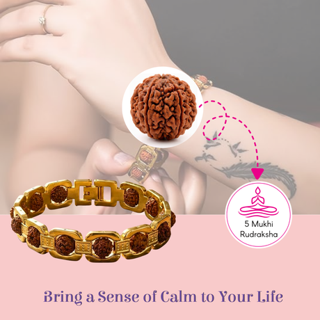 Rudraksha Bracelet for Men Gold Plated Designer Himalayan Bead Bracelet 5-mukhi Face Rudraksha Bead Golden Color Stylish Spiritual Jewelry for Positive Energy, Prosperity