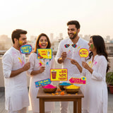 Happy Holi photo booth props: colorful paper signs held by people in white attire