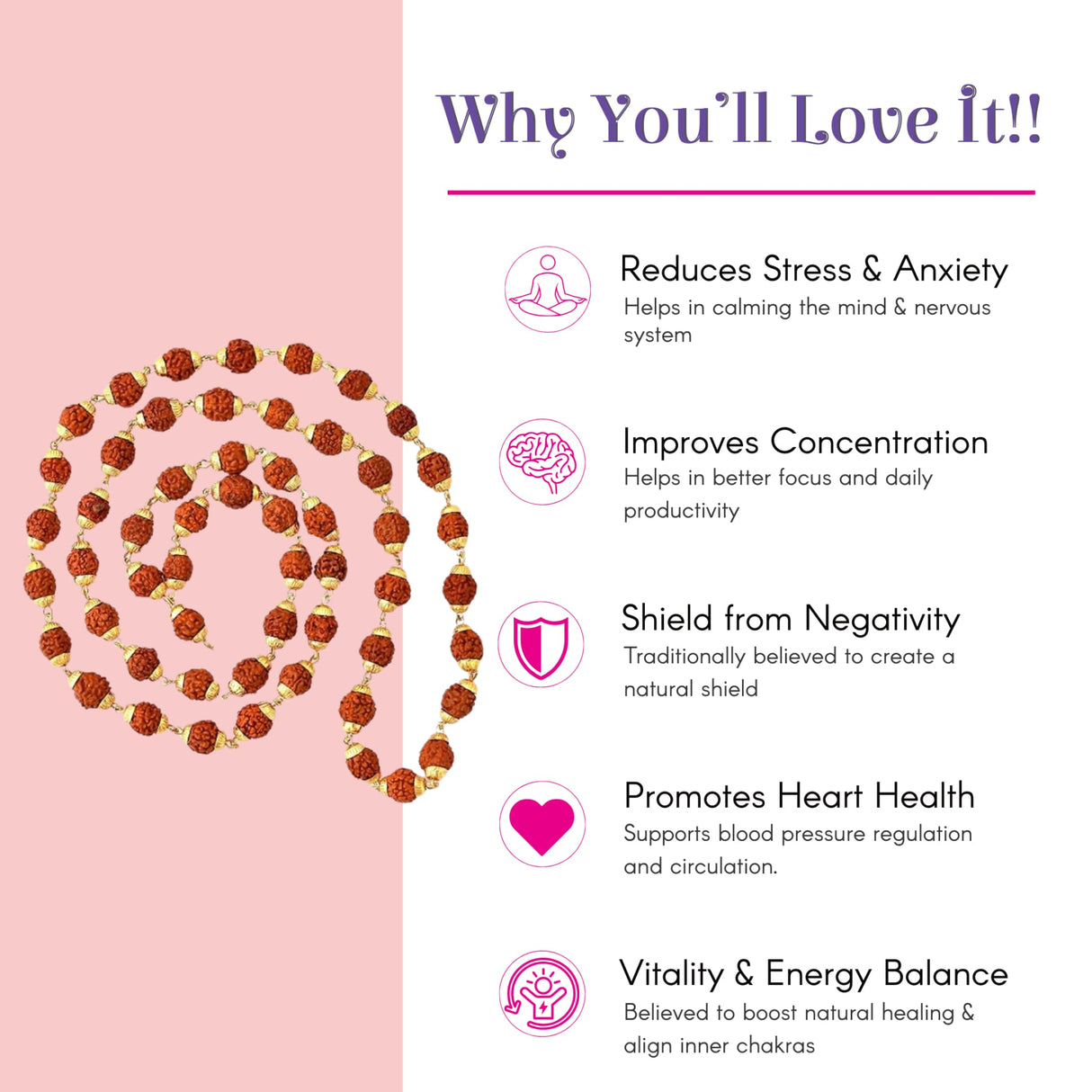 Certified 5 Mukhi Rudraksha Mala with reddish-brown coiled beads and gold spacers