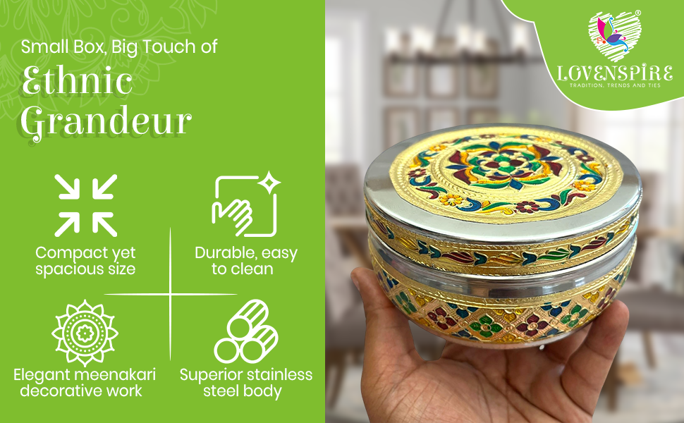 Meenakari Stainless Steel Storage Box with Lid (250gm) Decorative Round Indian Food Container for Sweets, Kitchen Items & Return Gift Favors