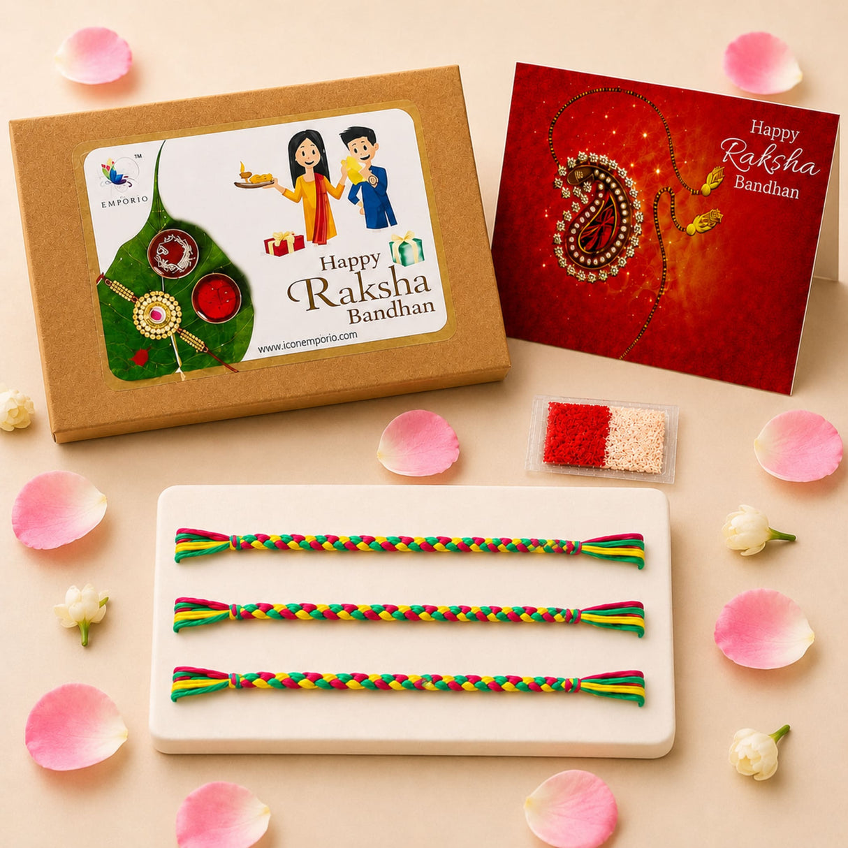 Minimalist Rakhi for Brother (3 Pcs) – Handmade Raksha Bandhan Gift Set with Tika Roli and Greeting Card, Traditional Indian Jewelry Bracelets for Protection and Good Luck