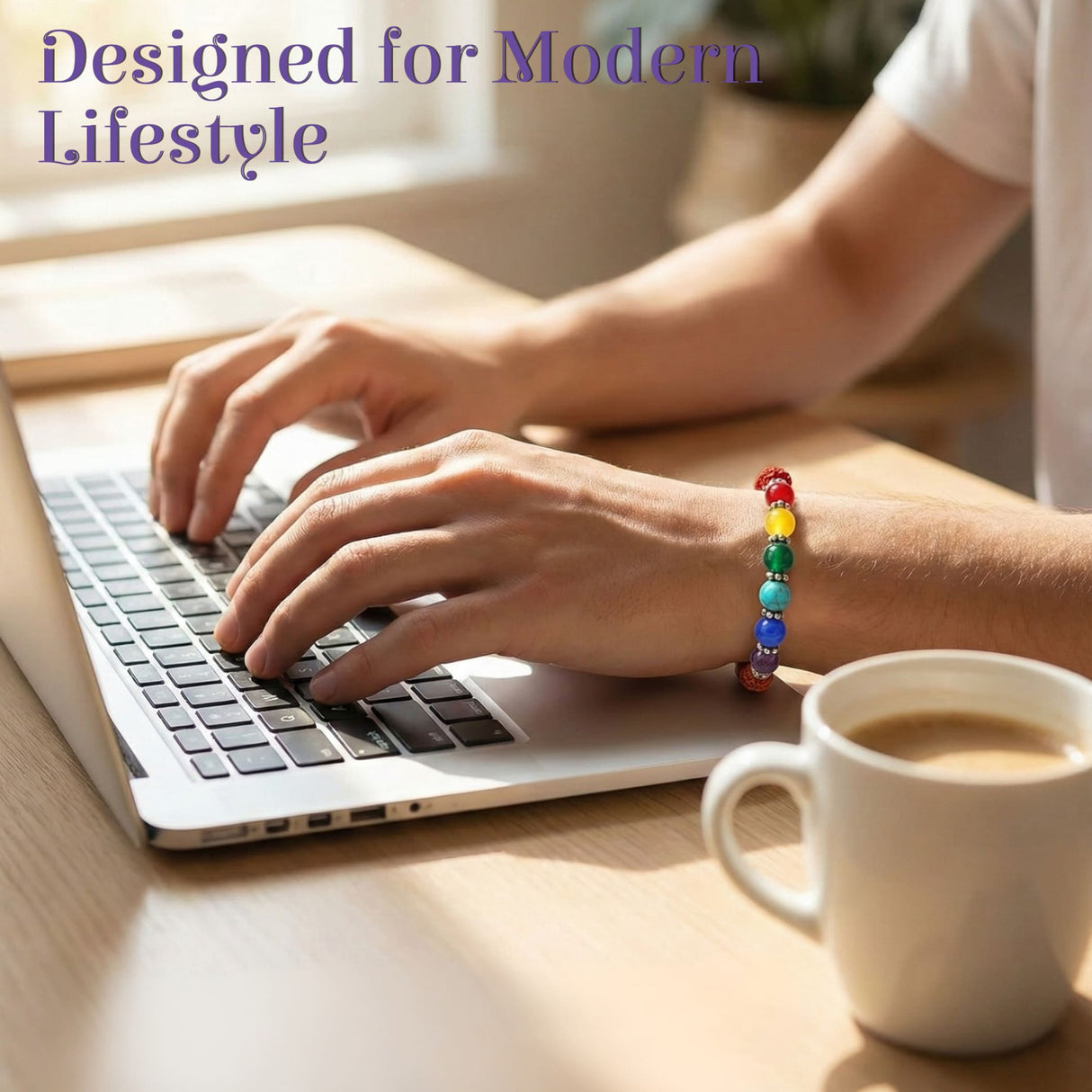 LOVENSPIRE 7 chakra rudraksha bracelet with rainbow beads on wrist