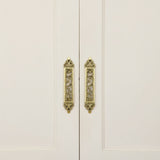 Gold-toned ornate brass cabinet handles with scrollwork, 11.7-inch pair